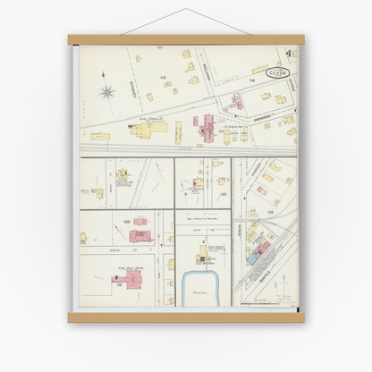 Old map wall art mockup — magnetic wood frame on white wall — Sanborn Fire Insurance Map from Clyde, Sandusky County, Ohio (1893), Sheet #0004