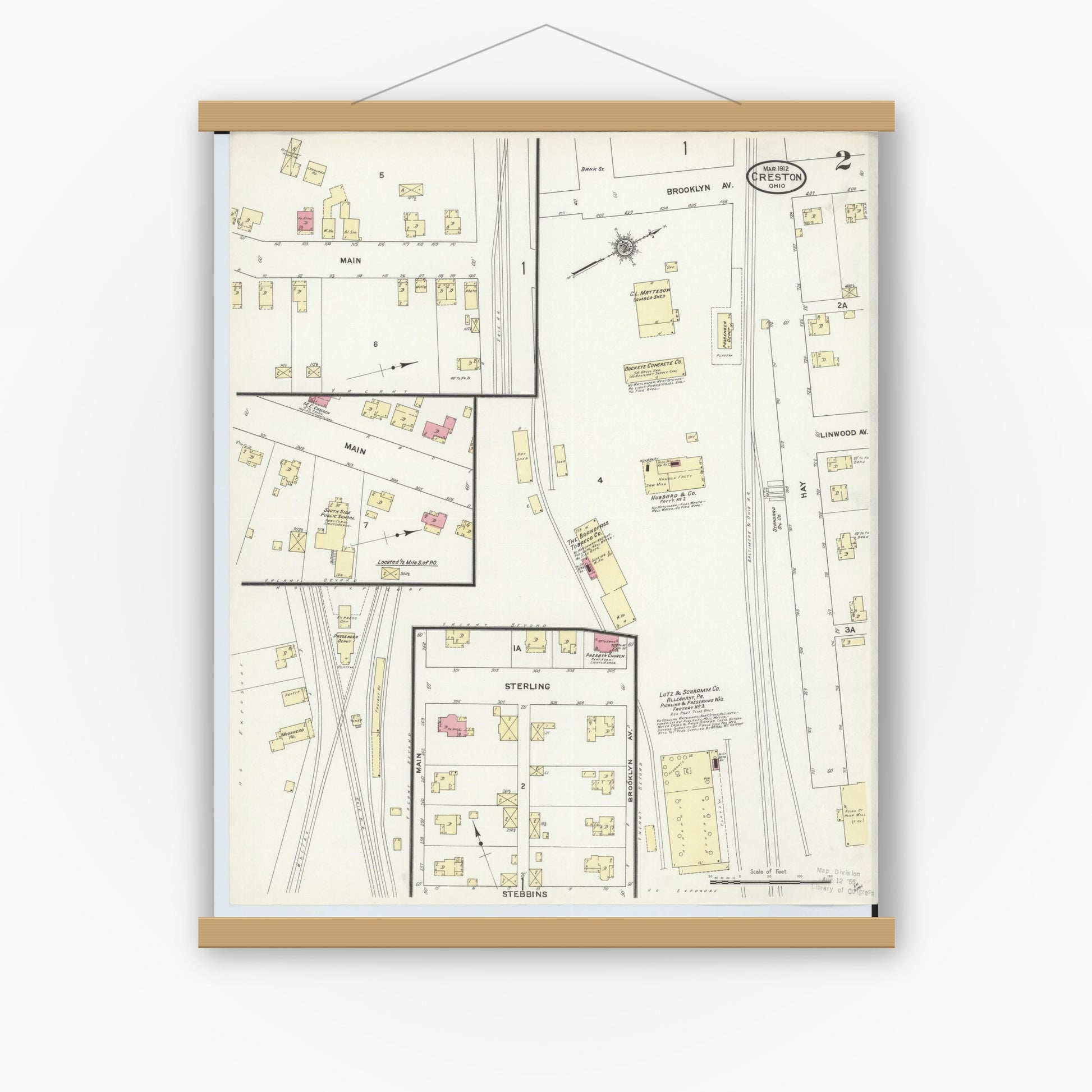 Old map wall art mockup — magnetic wood frame on white wall — Sanborn Fire Insurance Map from Creston, Wayne County, Ohio (1912), Sheet #0002