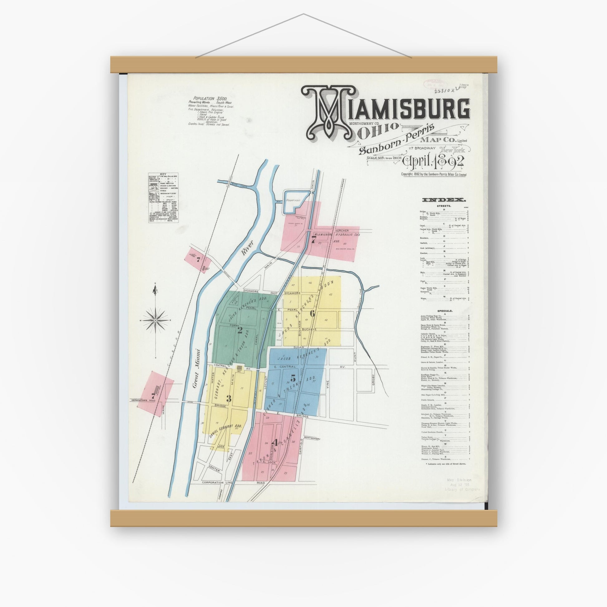 Old map wall art mockup — magnetic wood frame on white wall — Sanborn Fire Insurance Map from Miamisburg, Montgomery County, Ohio (1892) - Complete Map Set