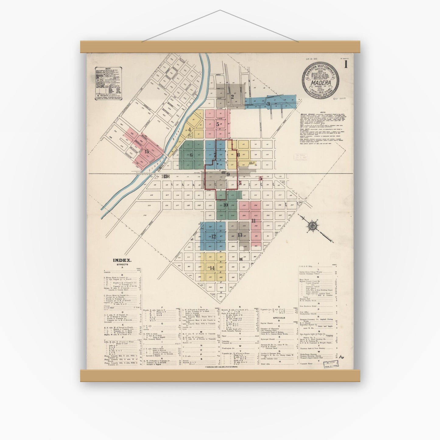 Old map wall art mockup — magnetic wood frame on white wall — Sanborn Fire Insurance Map from Madera, Madera County, California (1912) - Complete Map Set