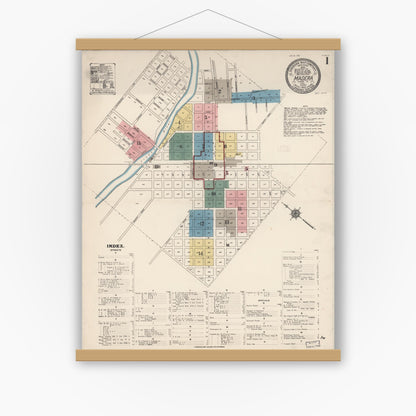 Old map wall art mockup — magnetic wood frame on white wall — Sanborn Fire Insurance Map from Madera, Madera County, California (1912) - Complete Map Set