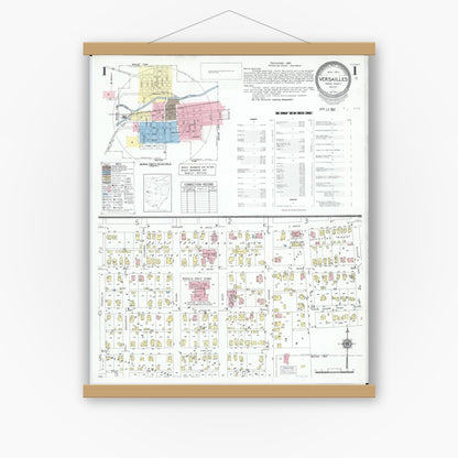 Old map wall art mockup — magnetic wood frame on white wall — Sanborn Fire Insurance Map from Versailles, Darke County, Ohio (1951), Sheet #0001