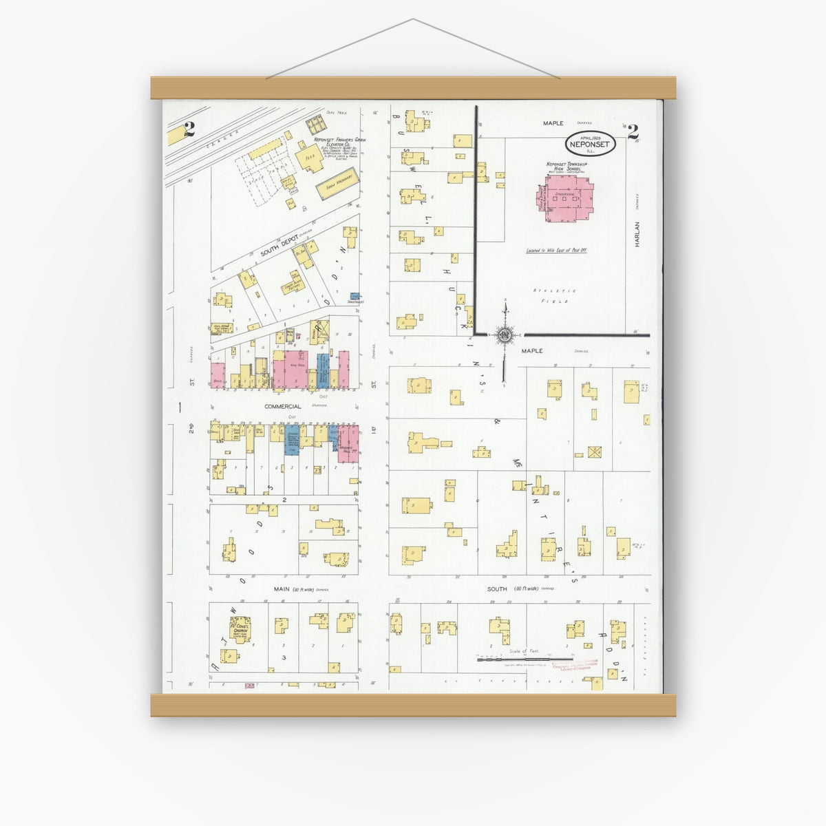 Old map wall art mockup — magnetic wood frame on white wall — Sanborn Fire Insurance Map from Neponset, Bureau County, Illinois (1928), Sheet #0002