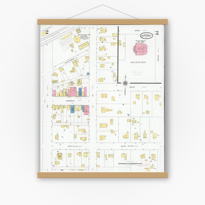 Old map wall art mockup — magnetic wood frame on white wall — Sanborn Fire Insurance Map from Neponset, Bureau County, Illinois (1928), Sheet #0002