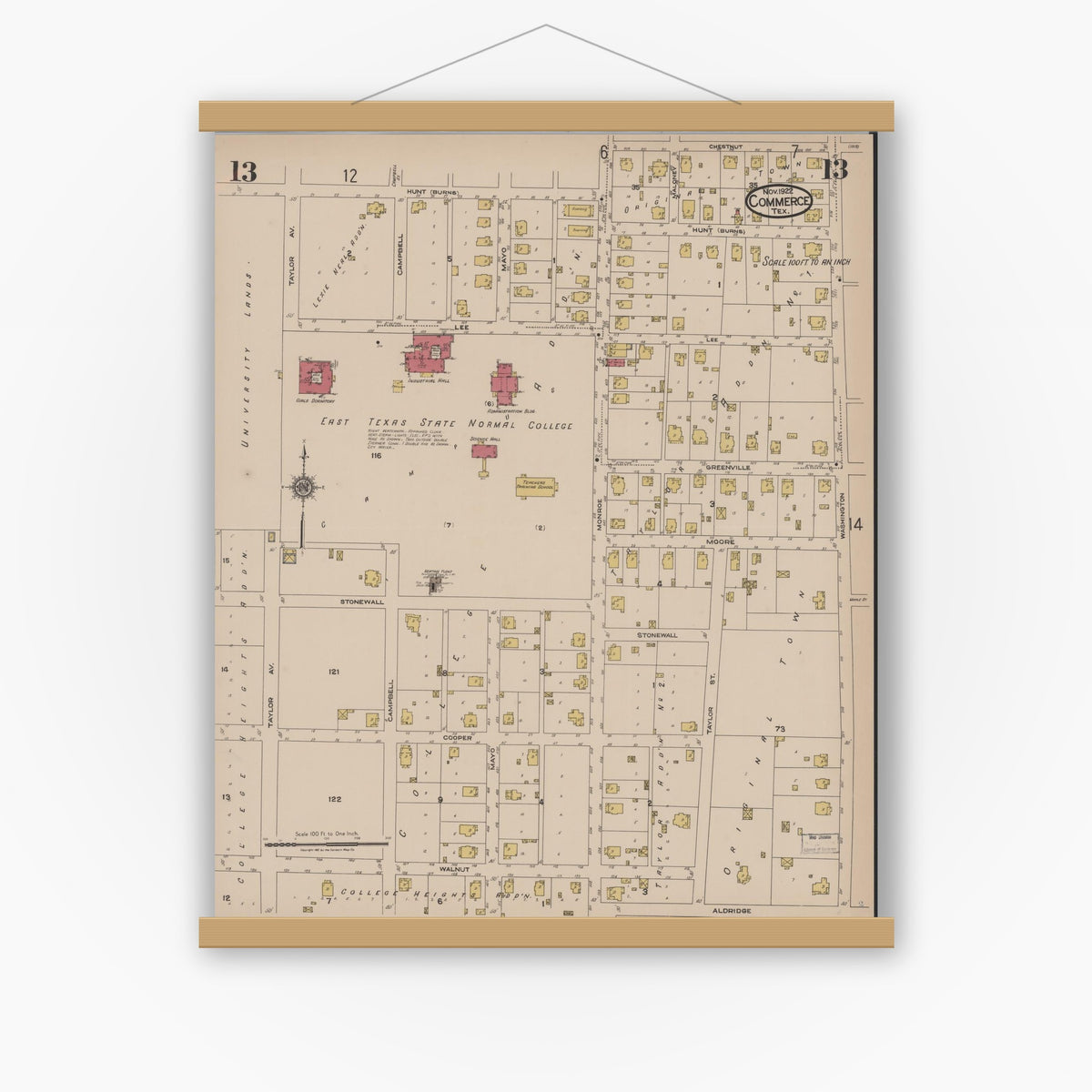 Old map wall art mockup — magnetic wood frame on white wall — Sanborn Fire Insurance Map from Commerce, Hunt County, Texas (1922), Sheet #0013