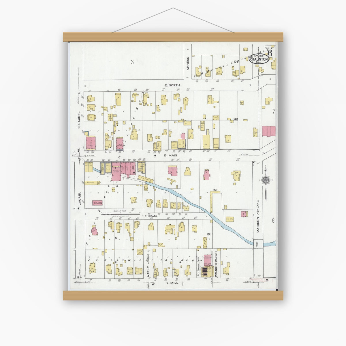 Old map wall art mockup — magnetic wood frame on white wall — Sanborn Fire Insurance Map from Staunton, Macoupin County, Illinois (1921), Sheet #0006