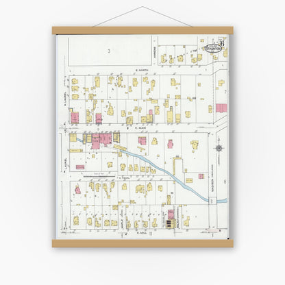 Old map wall art mockup — magnetic wood frame on white wall — Sanborn Fire Insurance Map from Staunton, Macoupin County, Illinois (1921), Sheet #0006