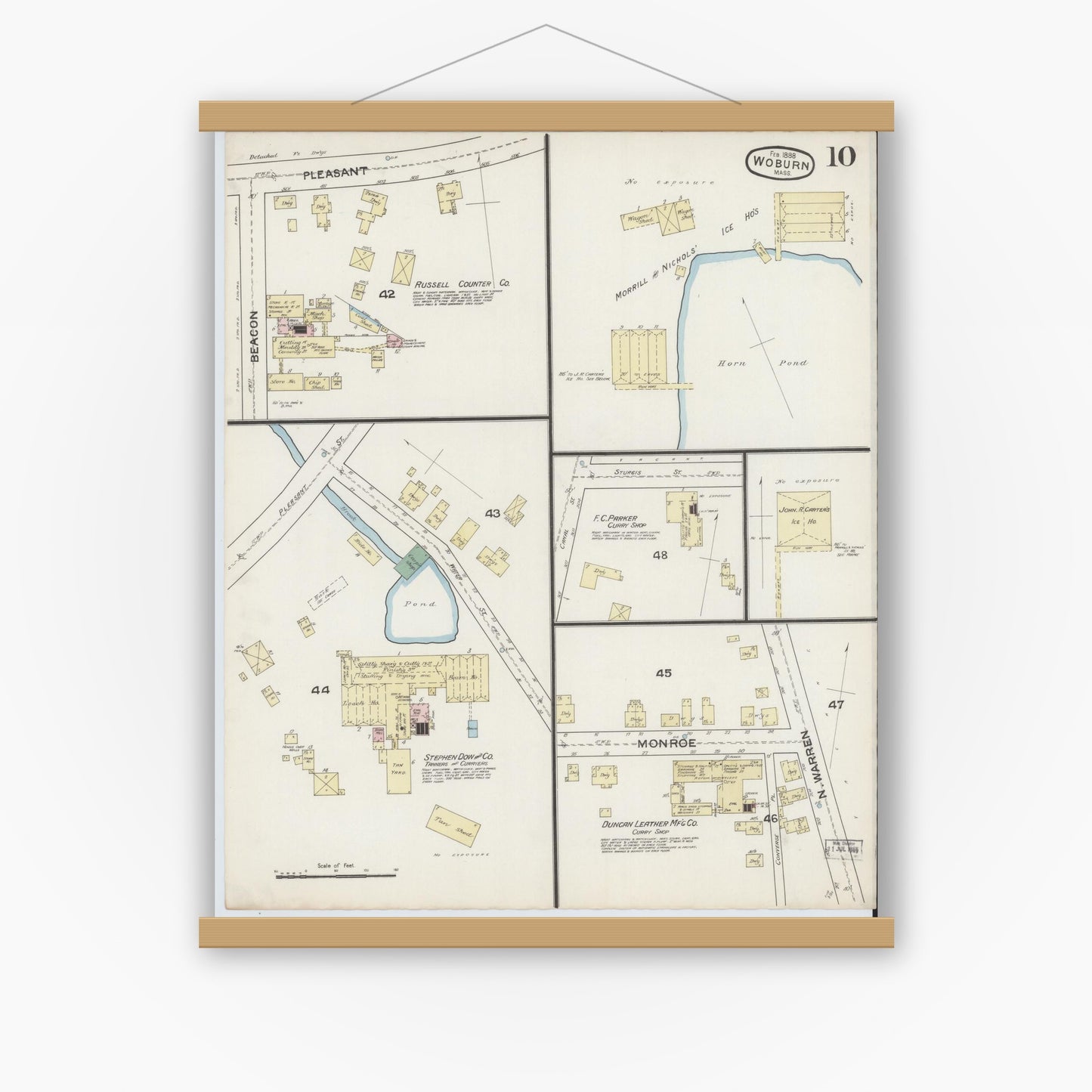 Old map wall art mockup — magnetic wood frame on white wall — Sanborn Fire Insurance Map from Woburn, Middlesex County, Massachusetts (1888), Sheet #0010