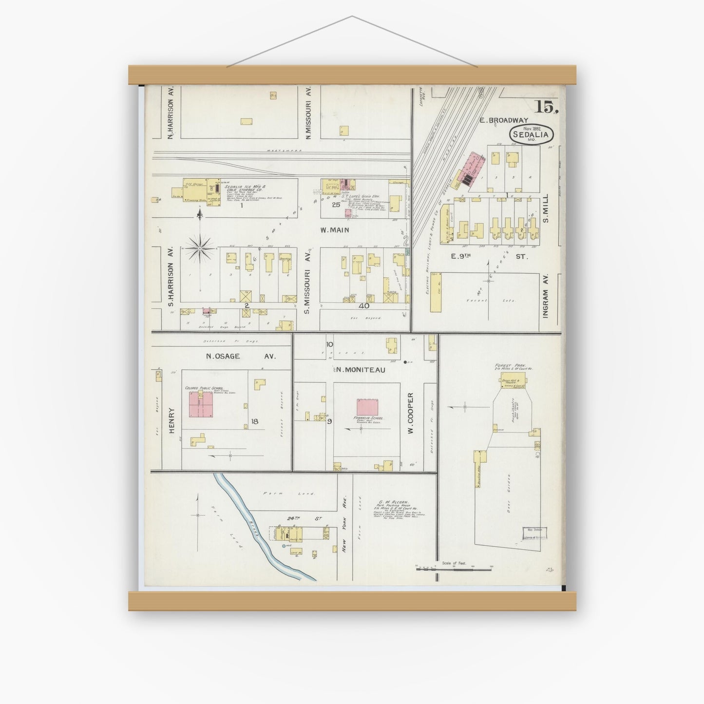 Old map wall art mockup — magnetic wood frame on white wall — Sanborn Fire Insurance Map from Sedalia, Pettis County, Missouri (1892), Sheet #0015