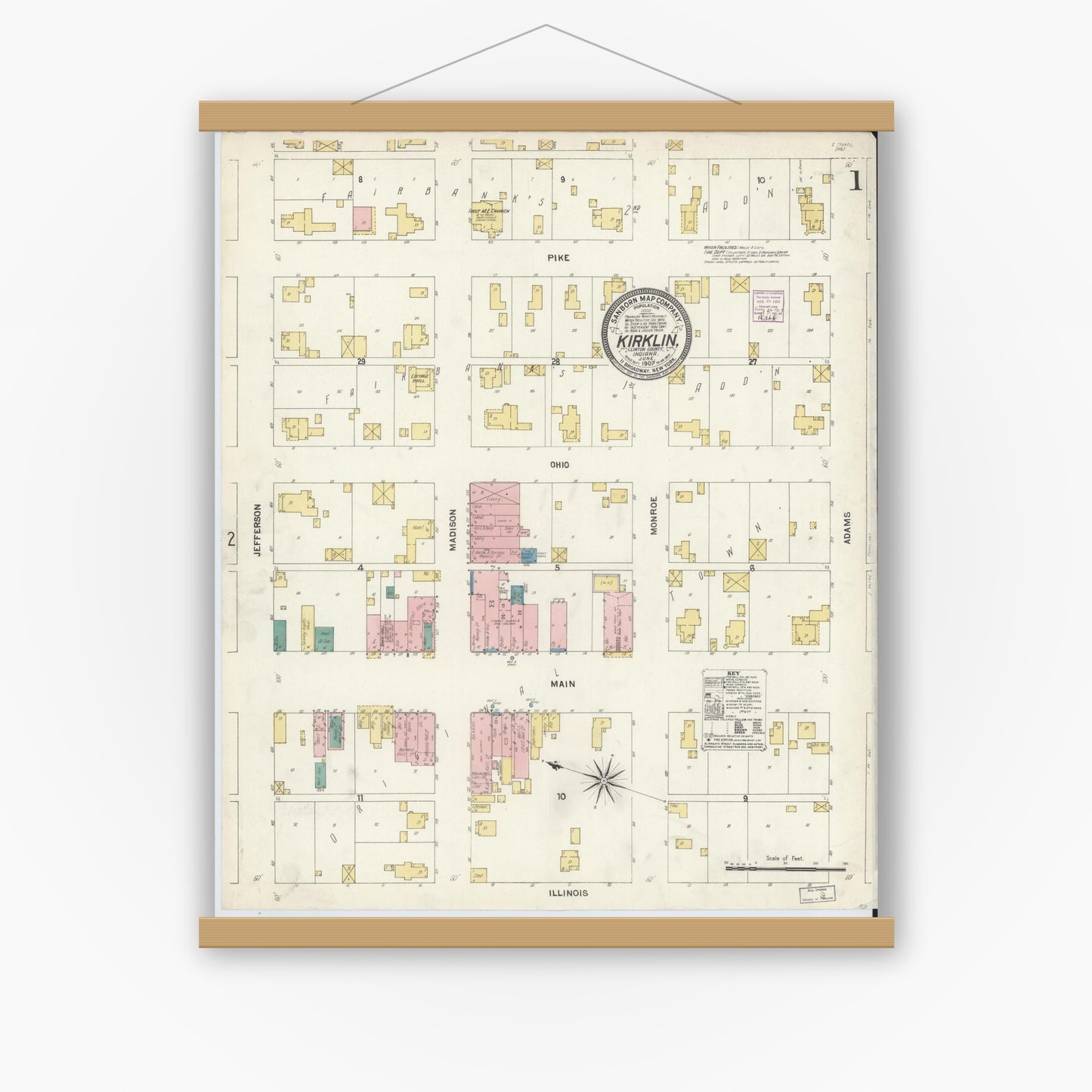 Old map wall art mockup — magnetic wood frame on white wall — Sanborn Fire Insurance Map from Kirklin, Clinton County, Indiana (1907) - Complete Map Set