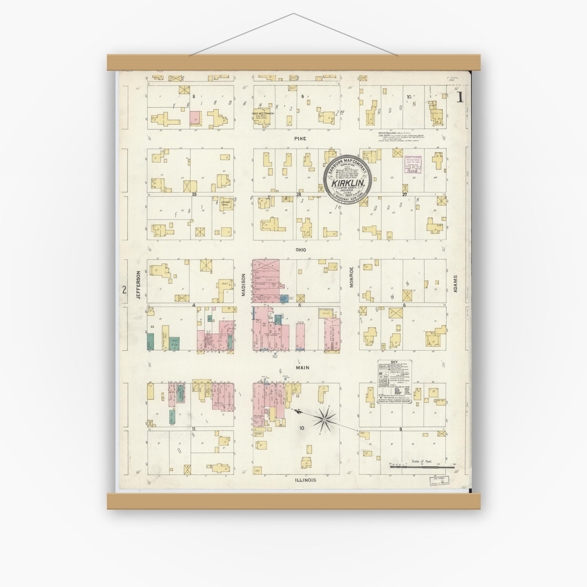 Old map wall art mockup — magnetic wood frame on white wall — Sanborn Fire Insurance Map from Kirklin, Clinton County, Indiana (1907) - Complete Map Set