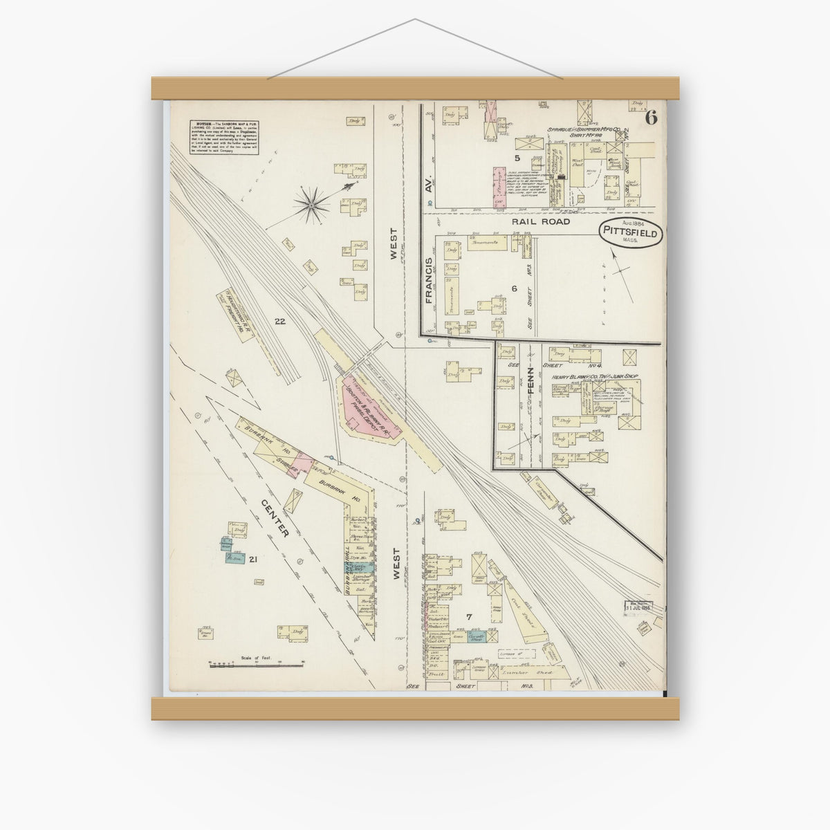 Old map wall art mockup — magnetic wood frame on white wall — Sanborn Fire Insurance Map from Pittsfield, Berkshire County, Massachusetts (1884), Sheet #0006