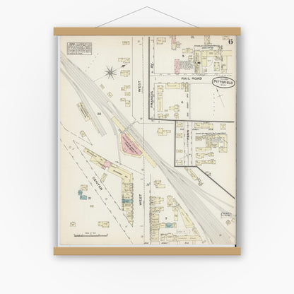 Old map wall art mockup — magnetic wood frame on white wall — Sanborn Fire Insurance Map from Pittsfield, Berkshire County, Massachusetts (1884), Sheet #0006