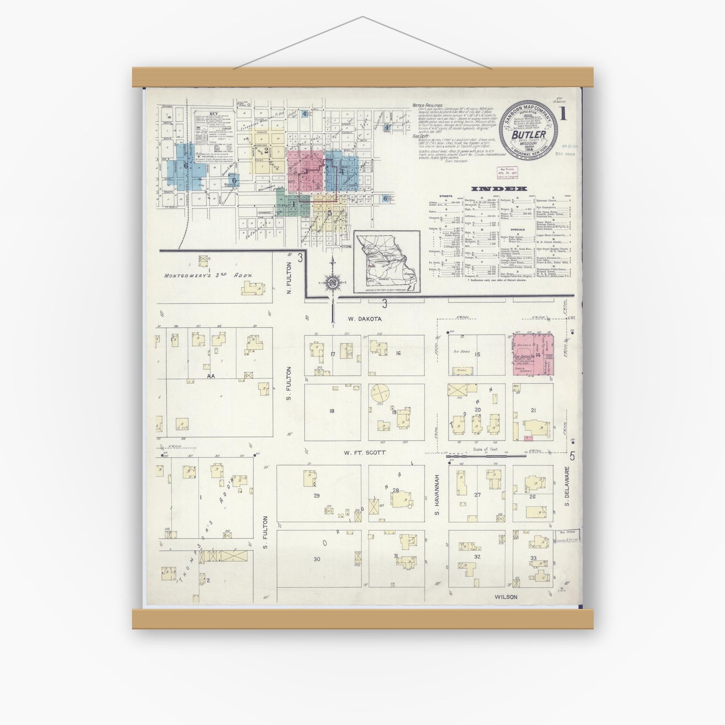 Old map wall art mockup — magnetic wood frame on white wall — Sanborn Fire Insurance Map from Butler, Bates County, Missouri (1914) - Complete Map Set