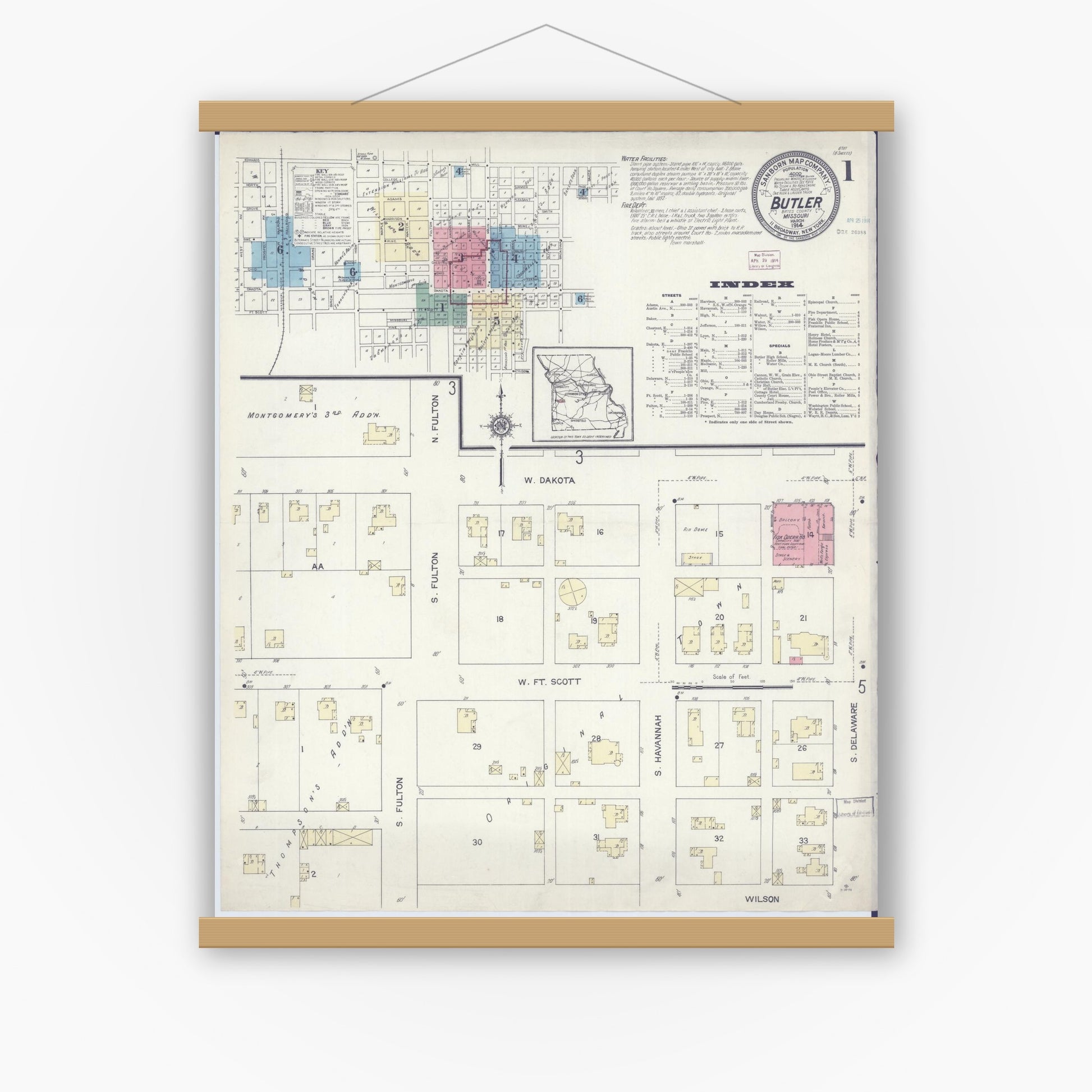 Old map wall art mockup — magnetic wood frame on white wall — Sanborn Fire Insurance Map from Butler, Bates County, Missouri (1914) - Complete Map Set