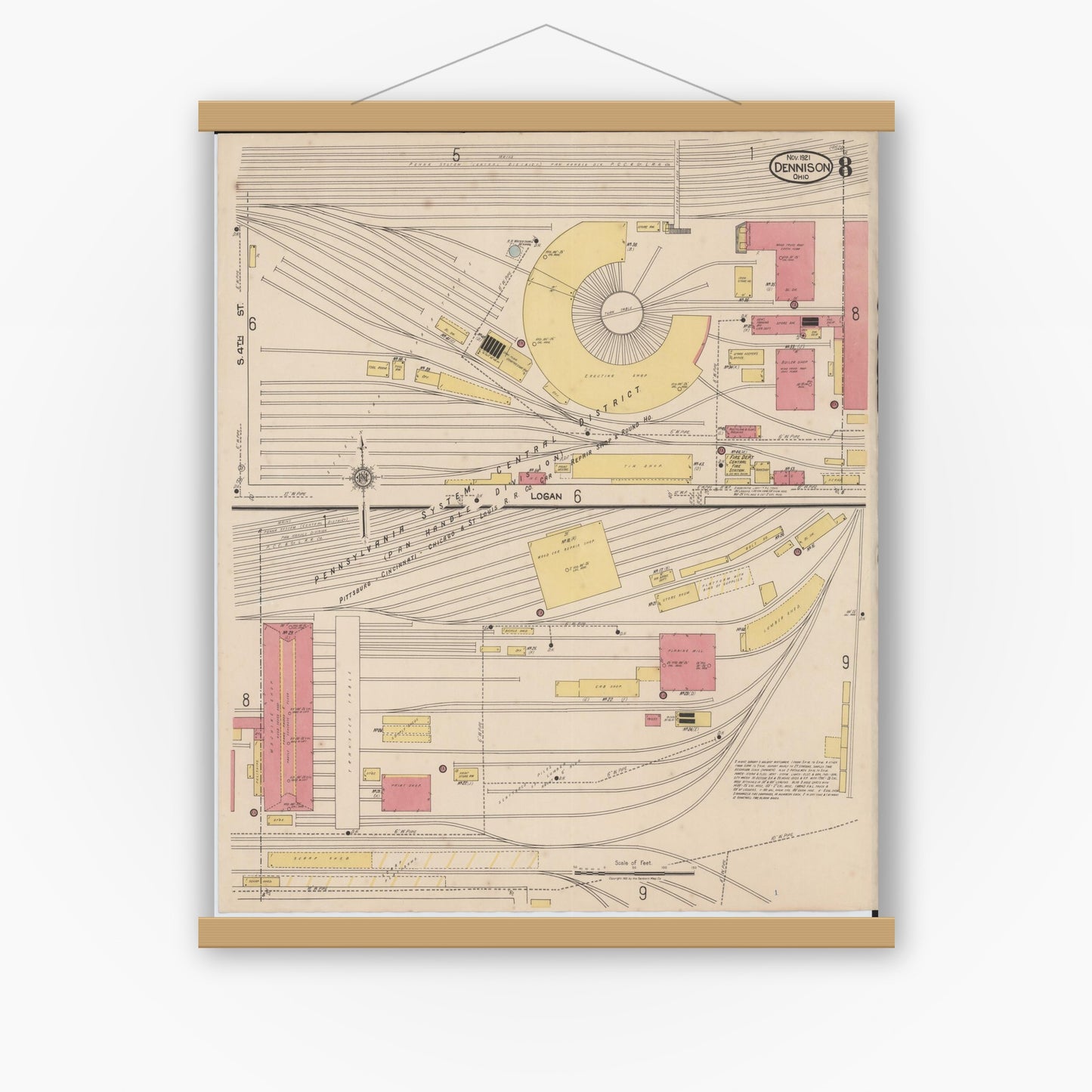 Old map wall art mockup — magnetic wood frame on white wall — Sanborn Fire Insurance Map from Dennison, Tuscarawas County, Ohio (1921), Sheet #0008