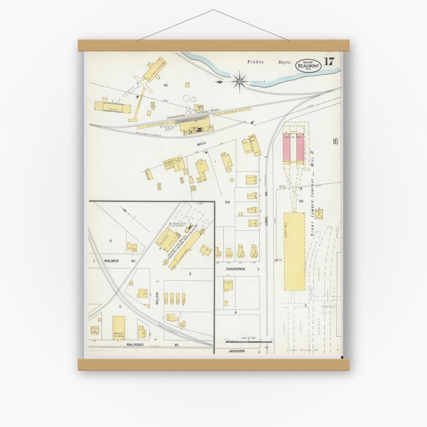 Old map wall art mockup — magnetic wood frame on white wall — Sanborn Fire Insurance Map from Beaumont, Jefferson County, Texas (1902), Sheet #0017