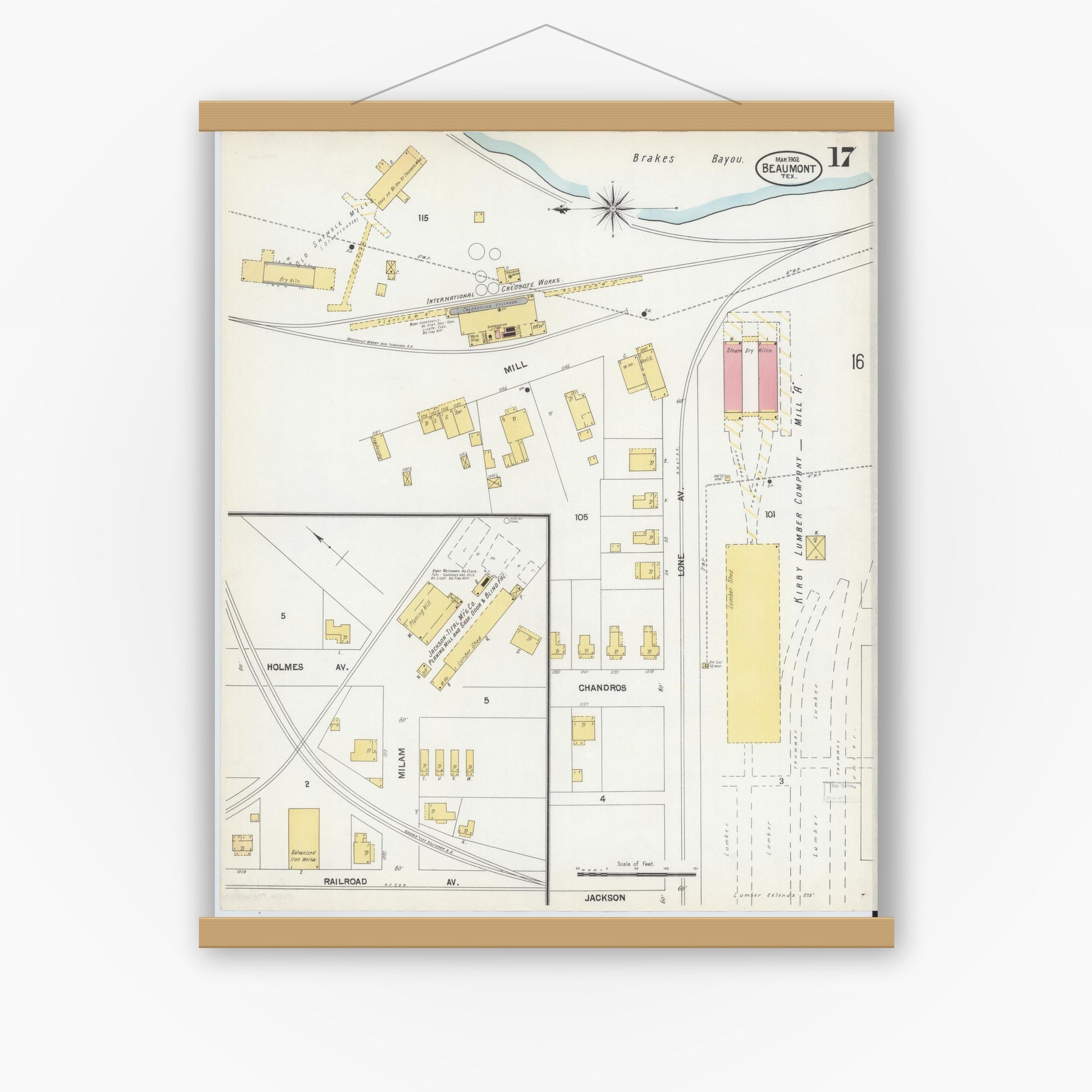 Old map wall art mockup — magnetic wood frame on white wall — Sanborn Fire Insurance Map from Beaumont, Jefferson County, Texas (1902), Sheet #0017