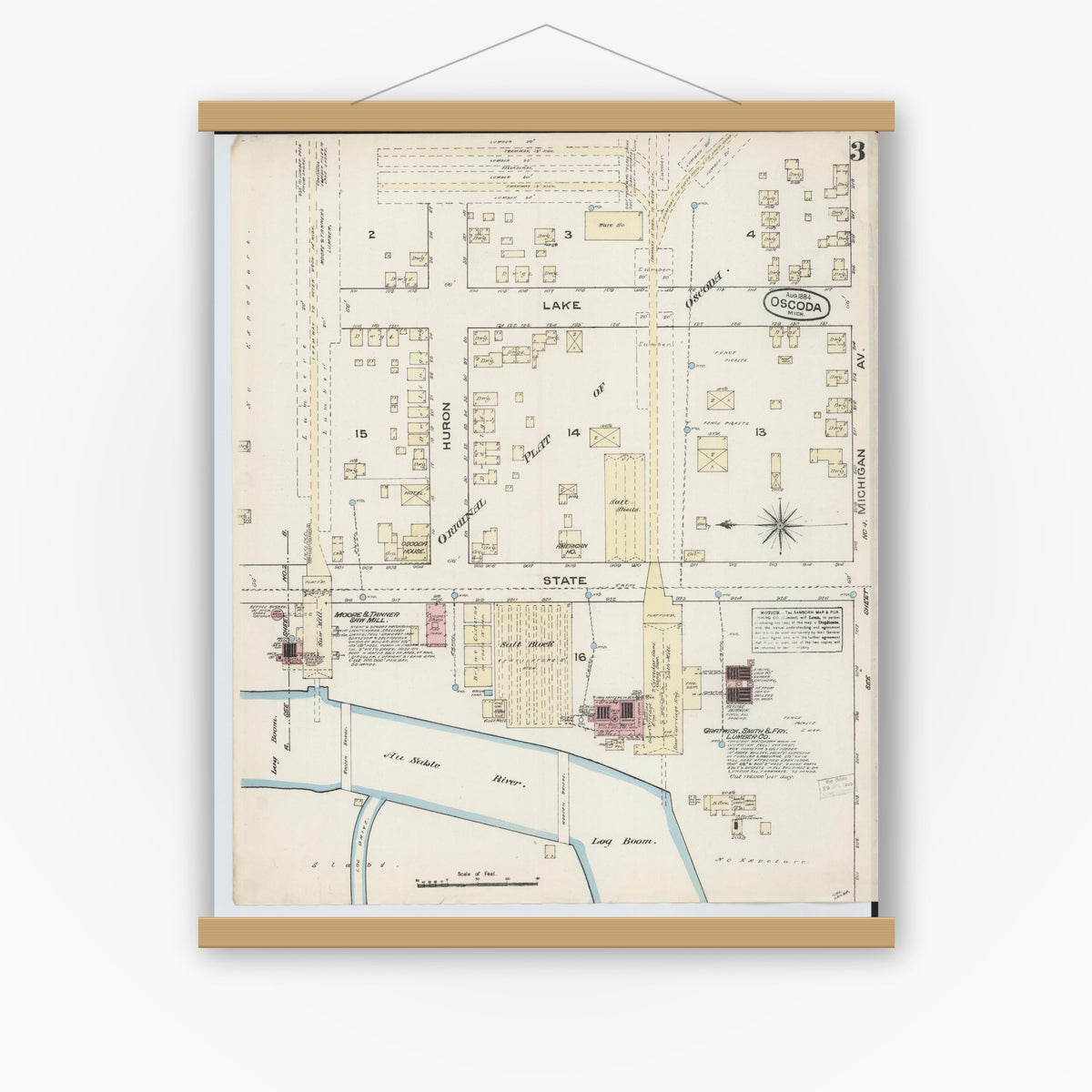 Old map wall art mockup — magnetic wood frame on white wall — Sanborn Fire Insurance Map from Oscoda, Iosco County, Michigan (1884), Sheet #0003