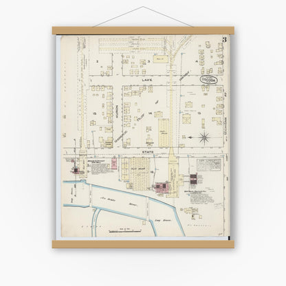 Old map wall art mockup — magnetic wood frame on white wall — Sanborn Fire Insurance Map from Oscoda, Iosco County, Michigan (1884), Sheet #0003