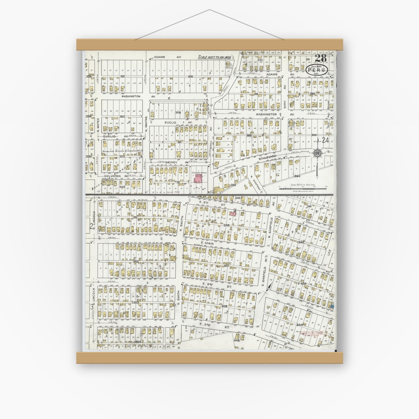 Old map wall art mockup — magnetic wood frame on white wall — Sanborn Fire Insurance Map from Peru, Miami County, Indiana (1920), Sheet #0028