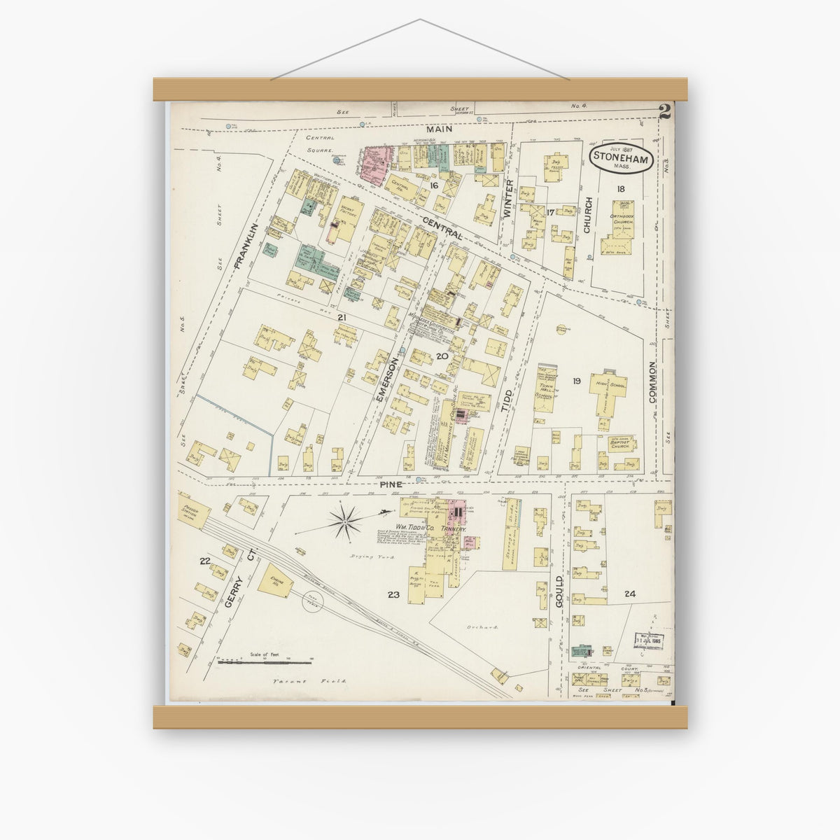 Old map wall art mockup — magnetic wood frame on white wall — Sanborn Fire Insurance Map from Stoneham, Middlesex County, Massachusetts (1887), Sheet #0002