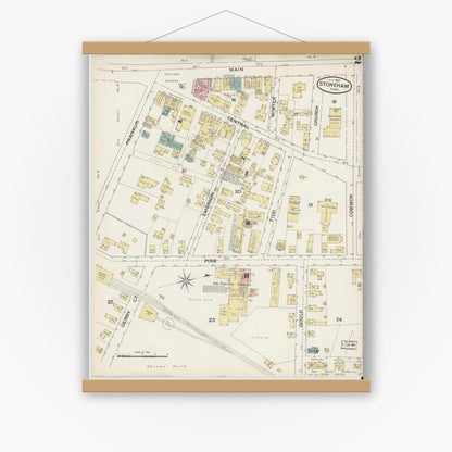 Old map wall art mockup — magnetic wood frame on white wall — Sanborn Fire Insurance Map from Stoneham, Middlesex County, Massachusetts (1887), Sheet #0002