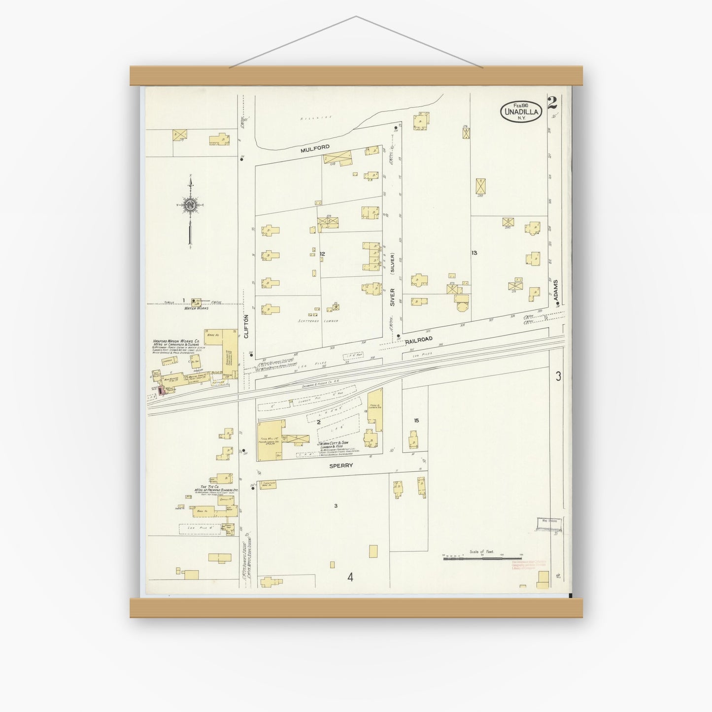 Old map wall art mockup — magnetic wood frame on white wall — Sanborn Fire Insurance Map from Unadilla, Otsego County, New York (1910), Sheet #0002
