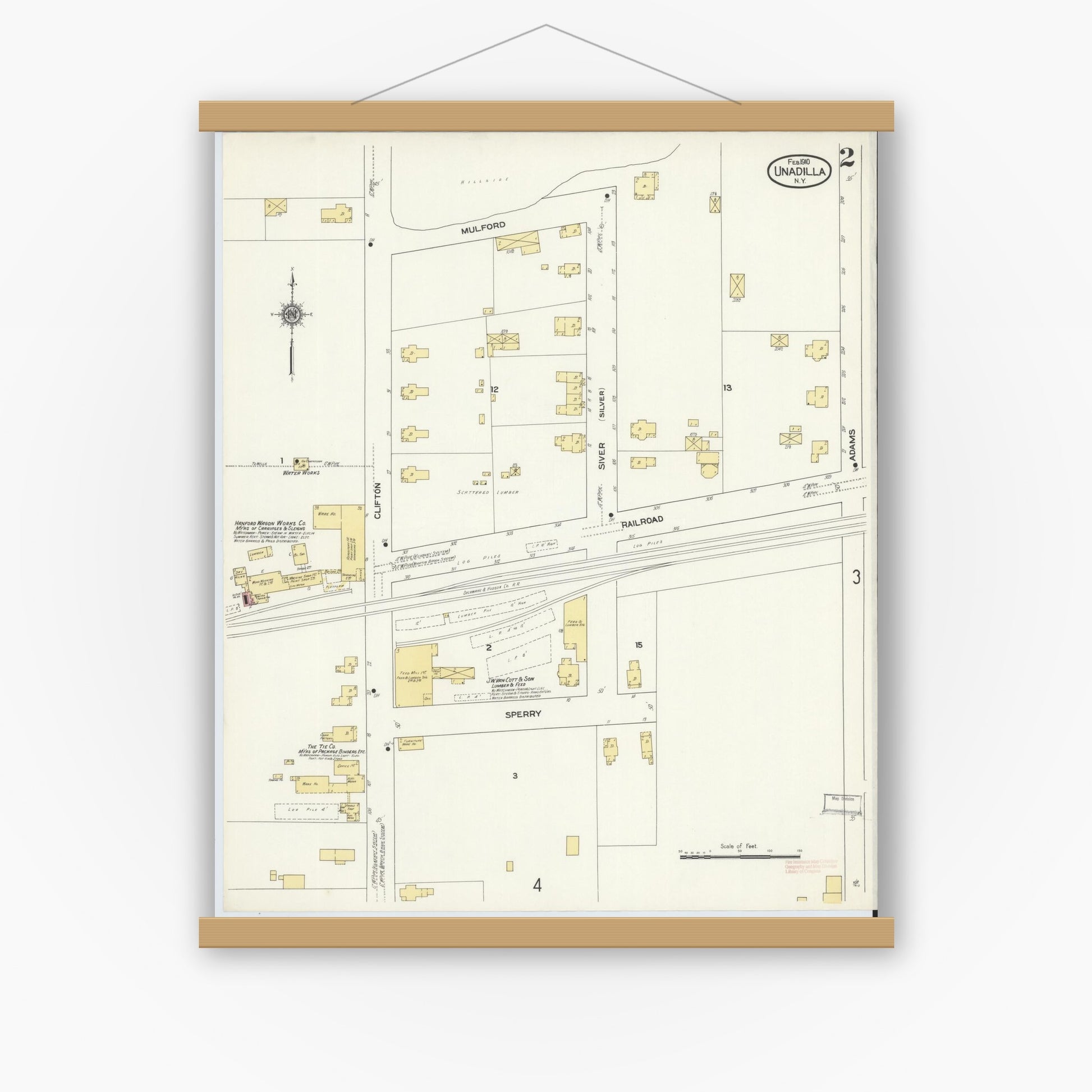 Old map wall art mockup — magnetic wood frame on white wall — Sanborn Fire Insurance Map from Unadilla, Otsego County, New York (1910), Sheet #0002
