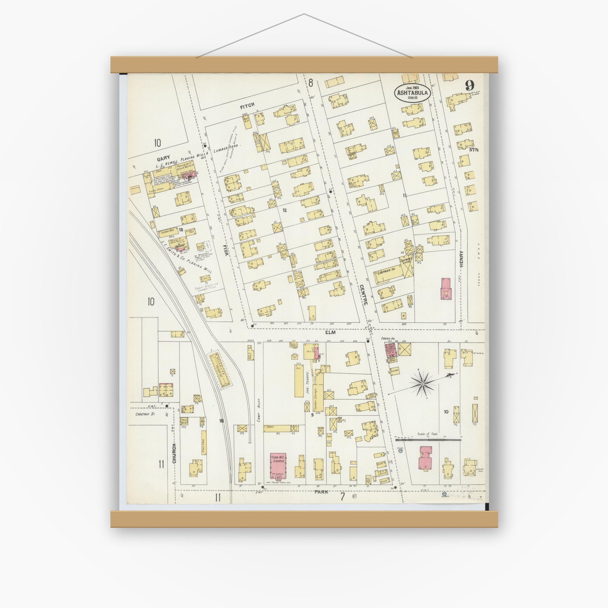 Old map wall art mockup — magnetic wood frame on white wall — Sanborn Fire Insurance Map from Ashtabula, Ashtabula County, Ohio (1903), Sheet #0009