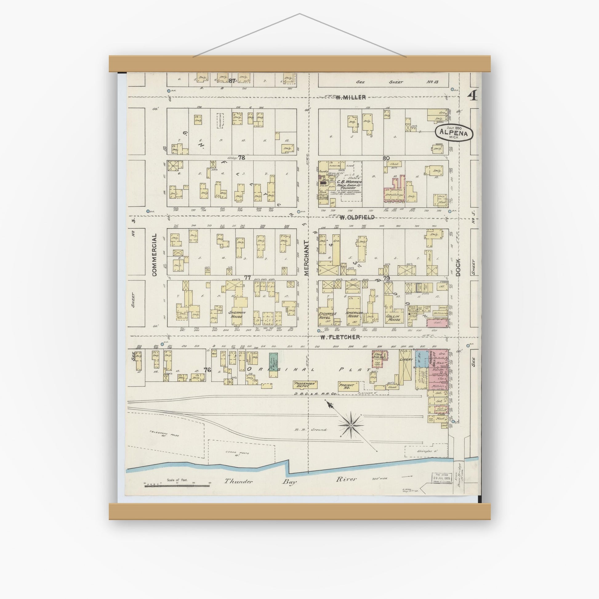 Old map wall art mockup — magnetic wood frame on white wall — Sanborn Fire Insurance Map from Alpena, Alpena County, Michigan (1890), Sheet #0004