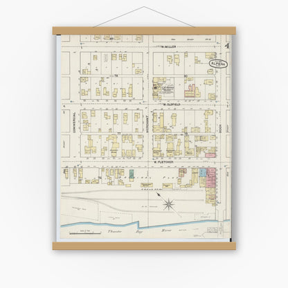 Old map wall art mockup — magnetic wood frame on white wall — Sanborn Fire Insurance Map from Alpena, Alpena County, Michigan (1890), Sheet #0004