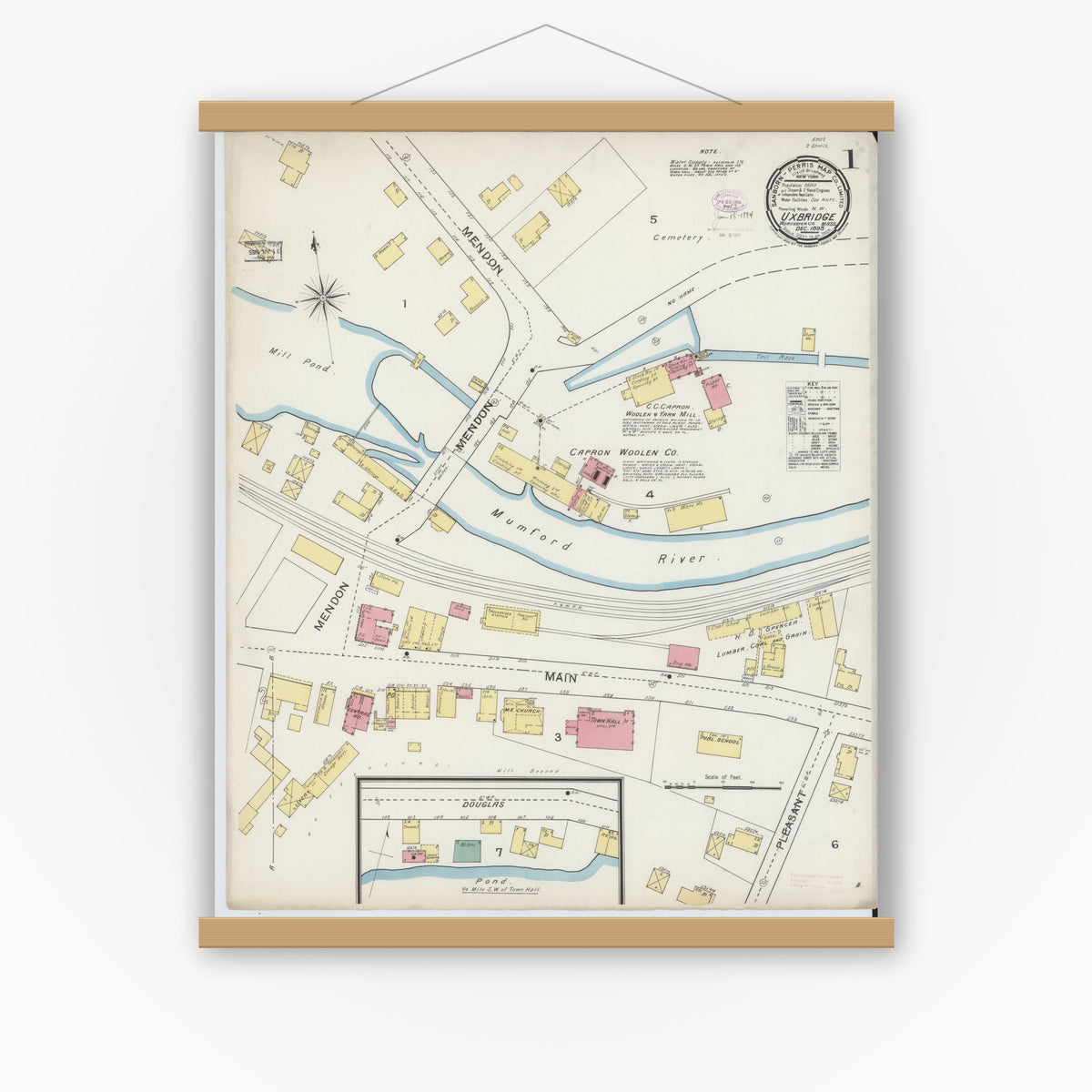 Old map wall art mockup — magnetic wood frame on white wall — Sanborn Fire Insurance Map from Uxbridge, Worcester County, Massachusetts (1893) - Complete Map Set