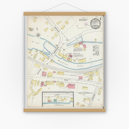 Old map wall art mockup — magnetic wood frame on white wall — Sanborn Fire Insurance Map from Uxbridge, Worcester County, Massachusetts (1893) - Complete Map Set