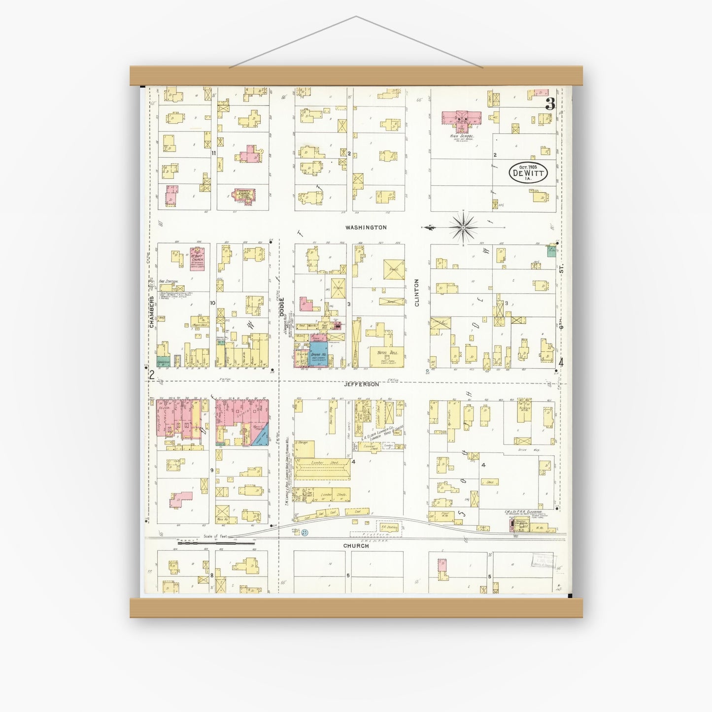 Old map wall art mockup — magnetic wood frame on white wall — Sanborn Fire Insurance Map from De Witt, Clinton County, Iowa (1905), Sheet #0003