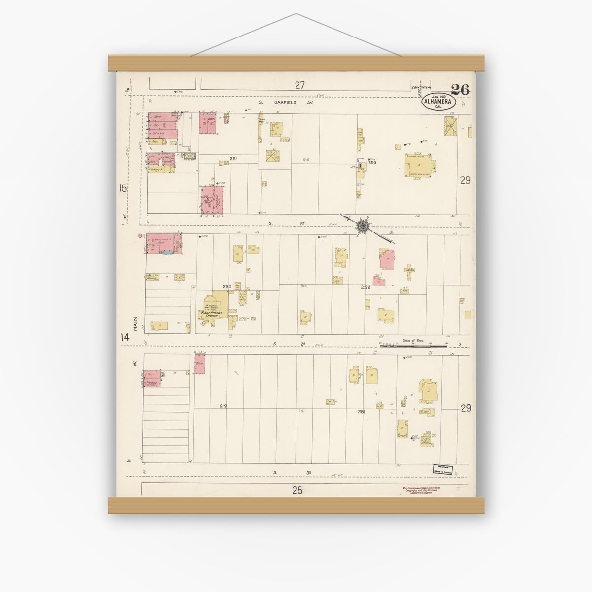 Old map wall art mockup — magnetic wood frame on white wall — Sanborn Fire Insurance Map from Alhambra, Los Angeles County, California (1912), Sheet #0026