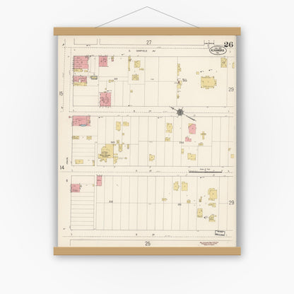 Old map wall art mockup — magnetic wood frame on white wall — Sanborn Fire Insurance Map from Alhambra, Los Angeles County, California (1912), Sheet #0026