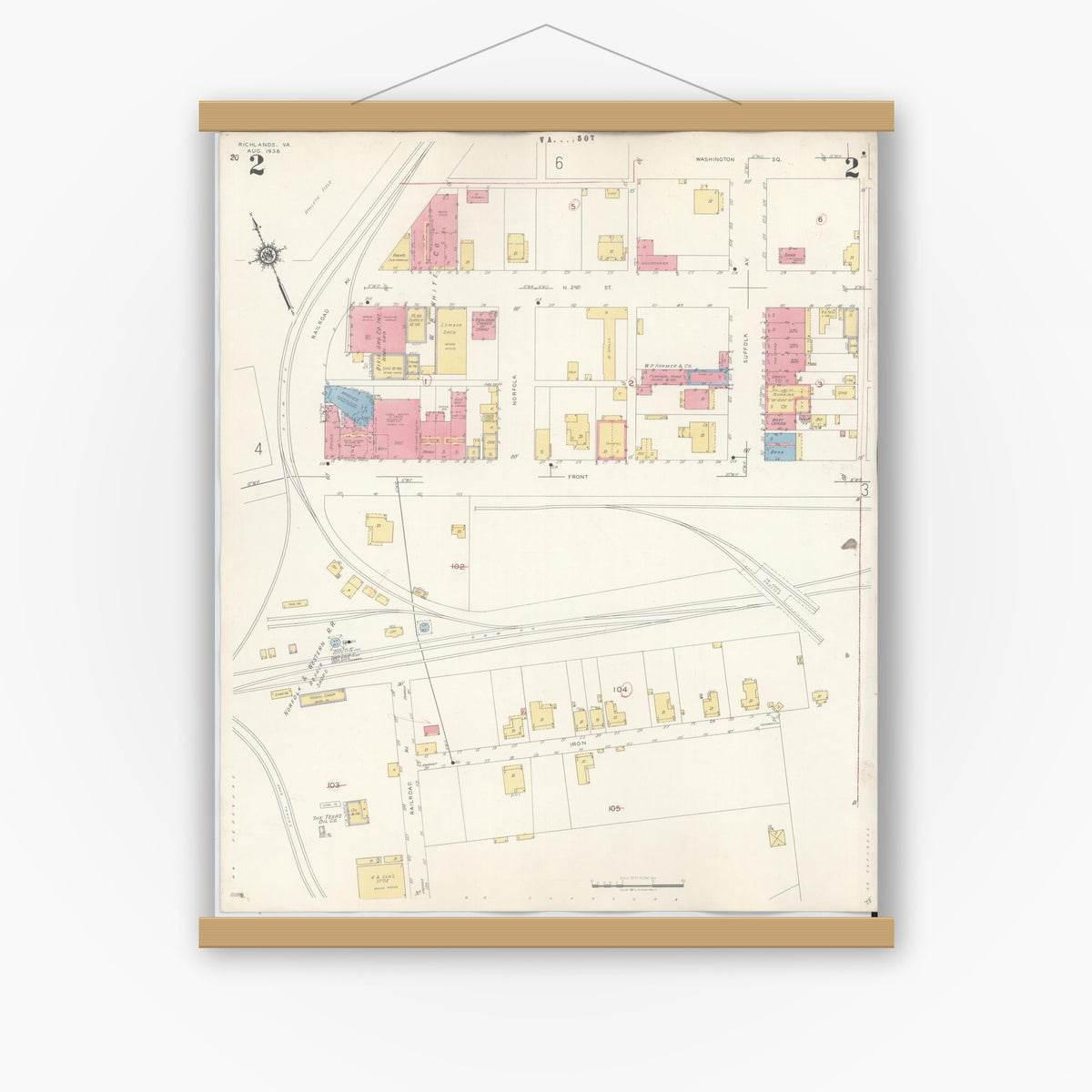 Old map wall art mockup — magnetic wood frame on white wall — Sanborn Fire Insurance Map from Richlands, Tazewell County, Virginia (1936), Sheet #0002