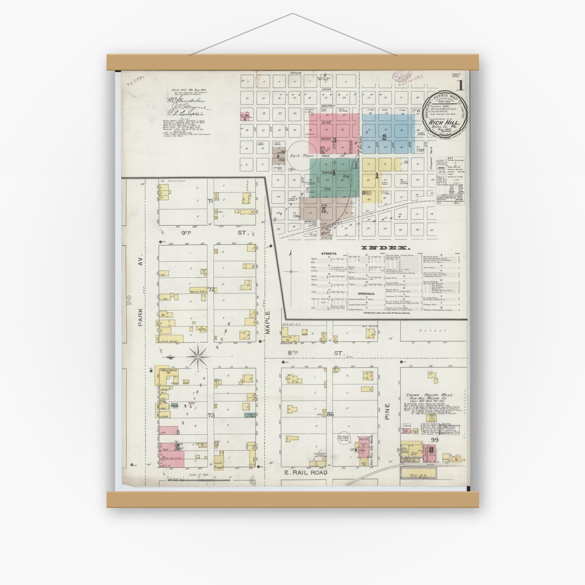 Old map wall art mockup — magnetic wood frame on white wall — Sanborn Fire Insurance Map from Rich Hill, Bates County, Missouri (1893) - Complete Map Set
