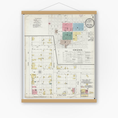 Old map wall art mockup — magnetic wood frame on white wall — Sanborn Fire Insurance Map from Rich Hill, Bates County, Missouri (1893) - Complete Map Set