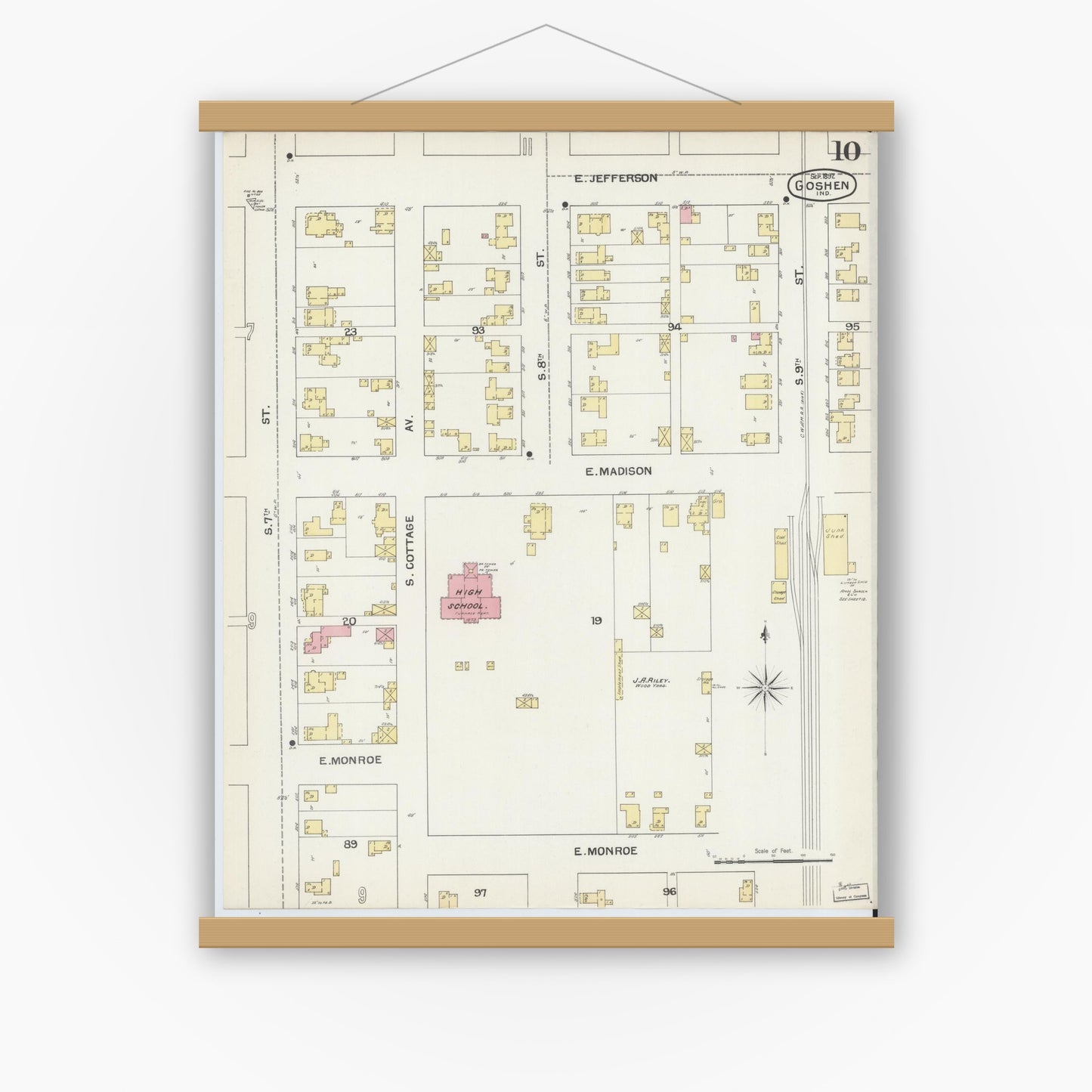 Old map wall art mockup — magnetic wood frame on white wall — Sanborn Fire Insurance Map from Goshen, Elkhart County, Indiana (1892), Sheet #0010