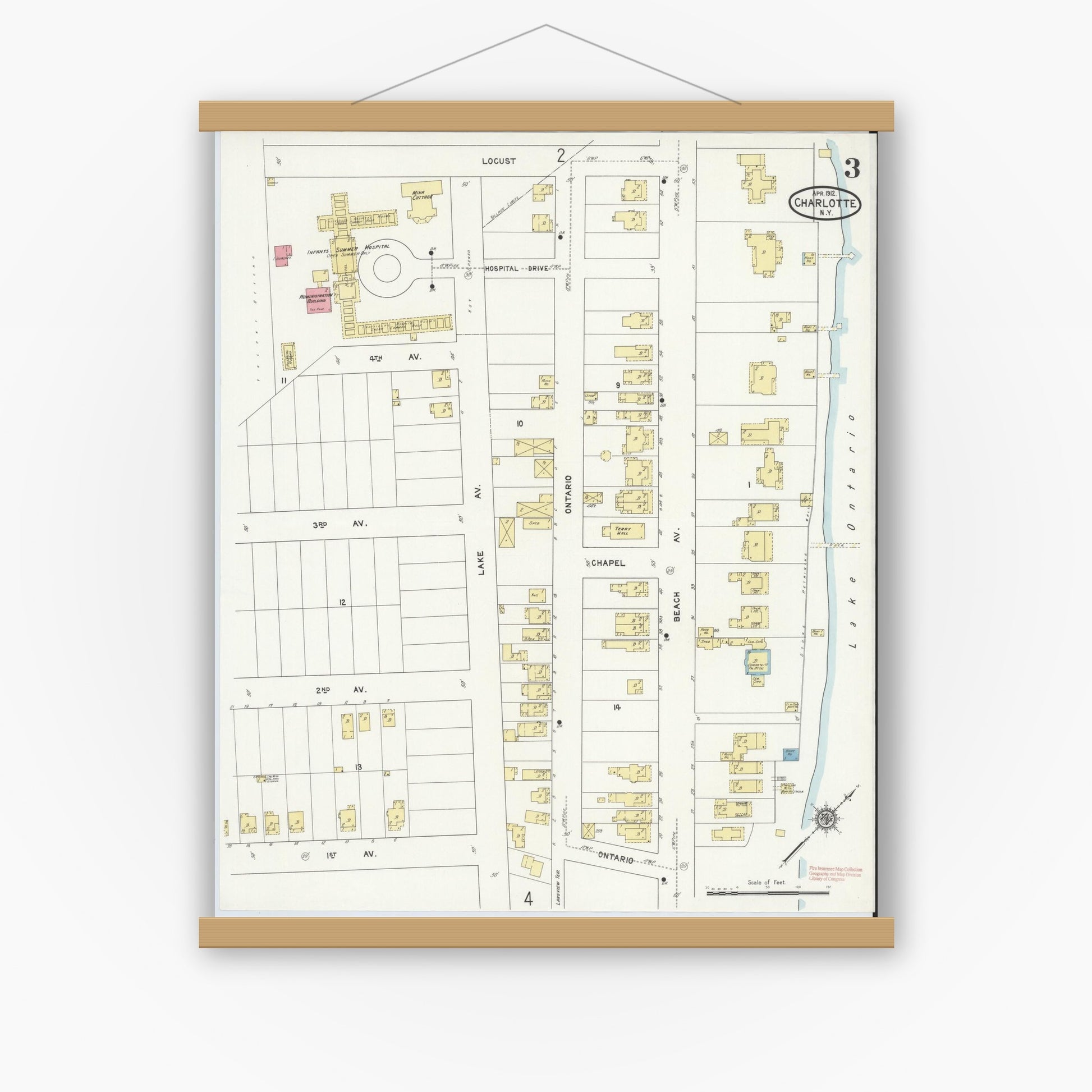 Old map wall art mockup — magnetic wood frame on white wall — Sanborn Fire Insurance Map from Charlotte, Monroe County, New York (1912), Sheet #0003