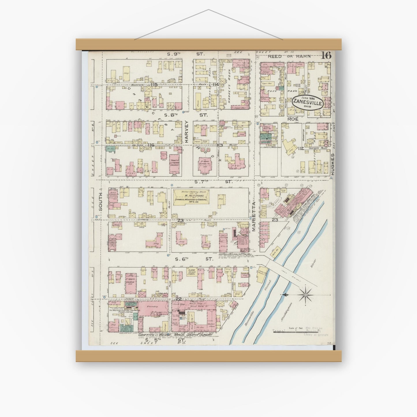 Old map wall art mockup — magnetic wood frame on white wall — Sanborn Fire Insurance Map from Zanesville, Muskingum County, Ohio (1886), Sheet #0016