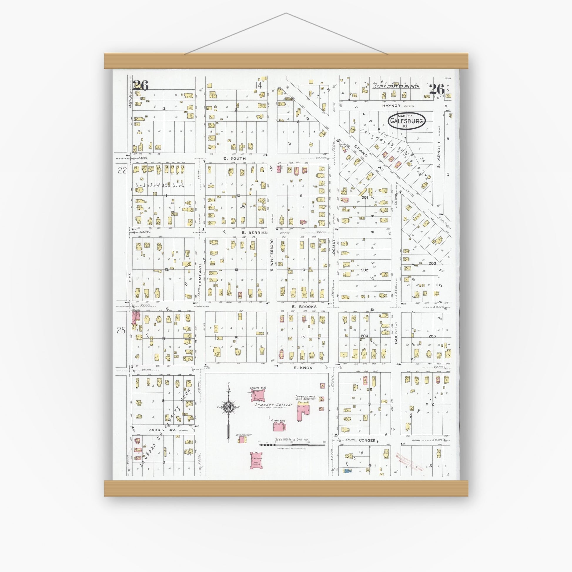 Old map wall art mockup — magnetic wood frame on white wall — Sanborn Fire Insurance Map from Galesburg, Knox County, Illinois (1927), Sheet #0026