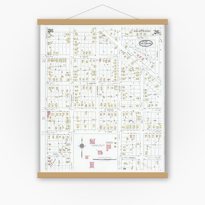 Old map wall art mockup — magnetic wood frame on white wall — Sanborn Fire Insurance Map from Galesburg, Knox County, Illinois (1927), Sheet #0026