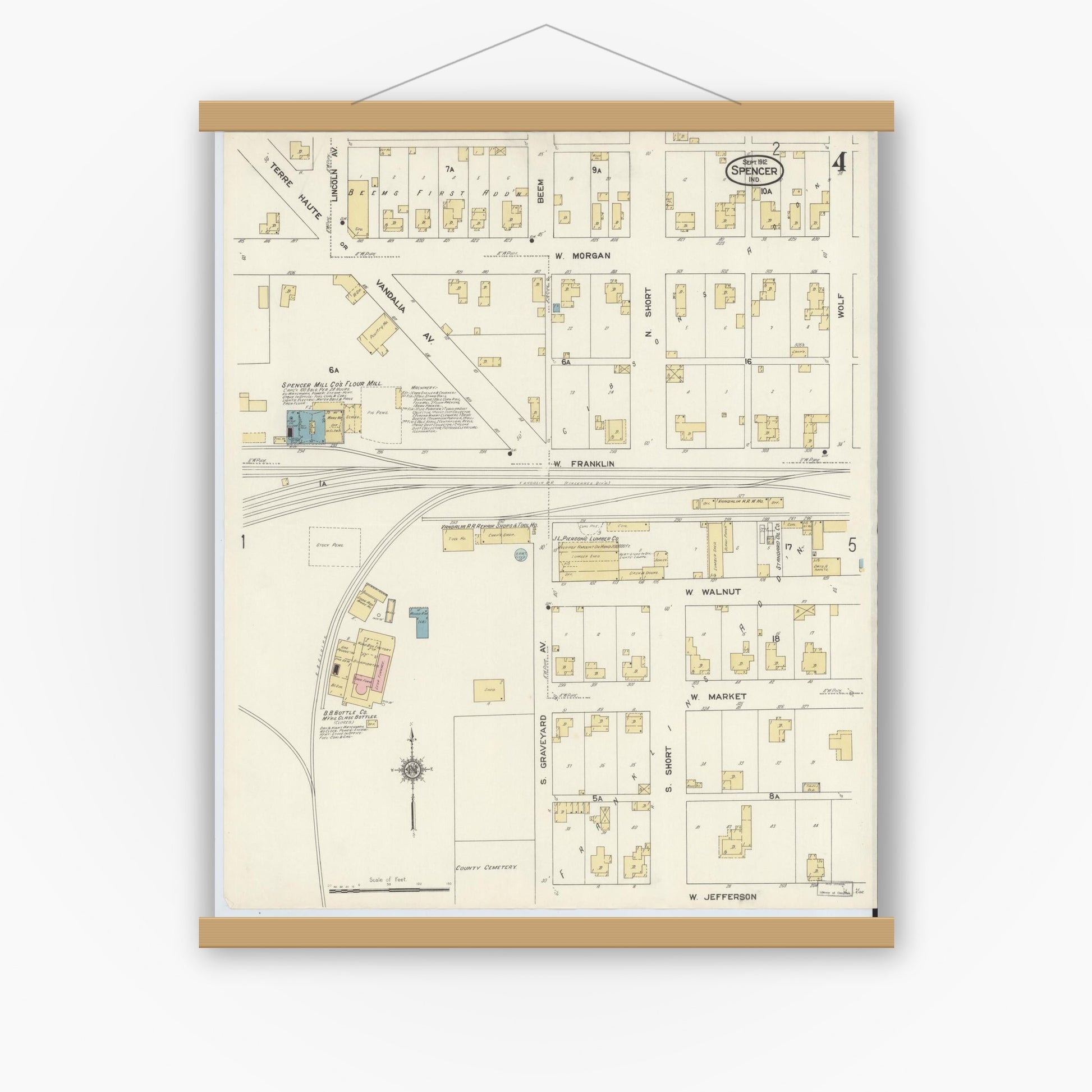 Old map wall art mockup — magnetic wood frame on white wall — Sanborn Fire Insurance Map from Spencer, Owen County, Indiana (1912), Sheet #0004