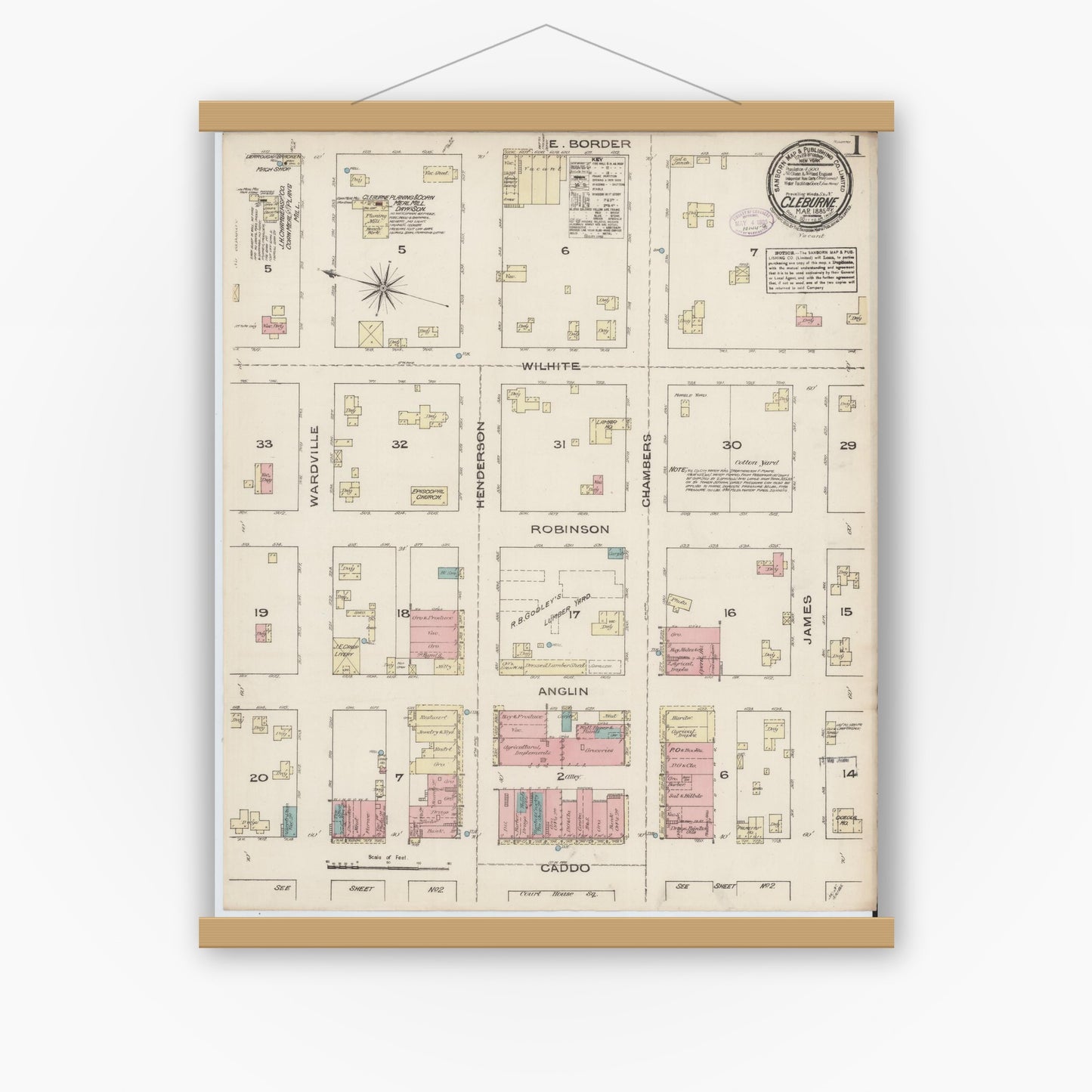 Old map wall art mockup — magnetic wood frame on white wall — Sanborn Fire Insurance Map from Cleburne, Johnson County, Texas (1885), Sheet #0001