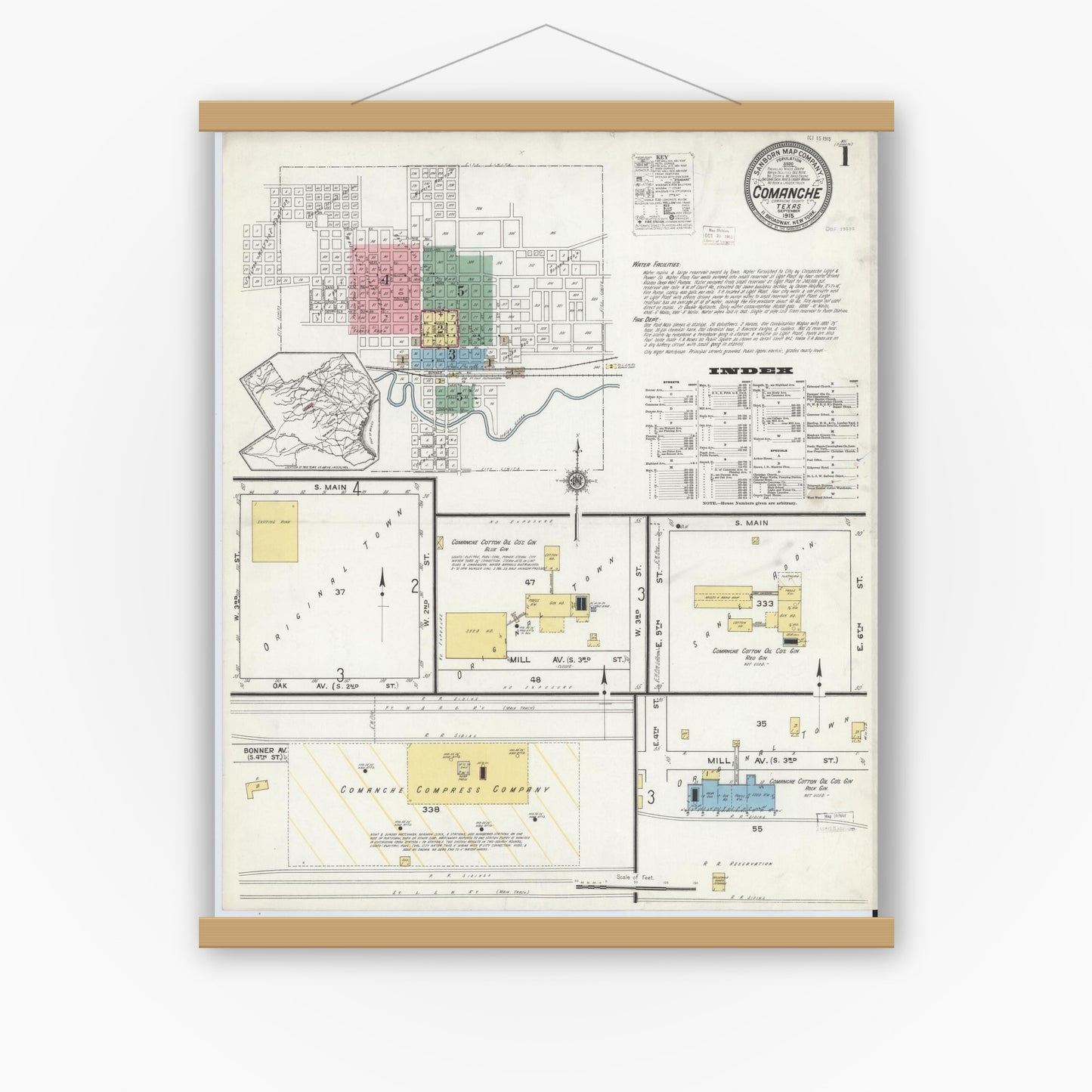 Old map wall art mockup — magnetic wood frame on white wall — Sanborn Fire Insurance Map from Comanche, Comanche County, Texas (1915), Sheet #0001