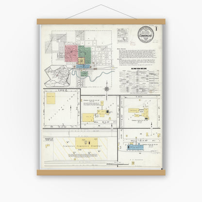 Old map wall art mockup — magnetic wood frame on white wall — Sanborn Fire Insurance Map from Comanche, Comanche County, Texas (1915), Sheet #0001