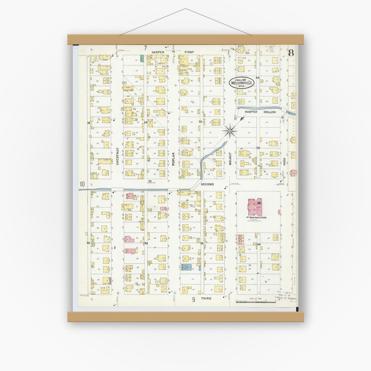 Old map wall art mockup — magnetic wood frame on white wall — Sanborn Fire Insurance Map from Nelsonville, Athens County, Ohio (1907), Sheet #0008